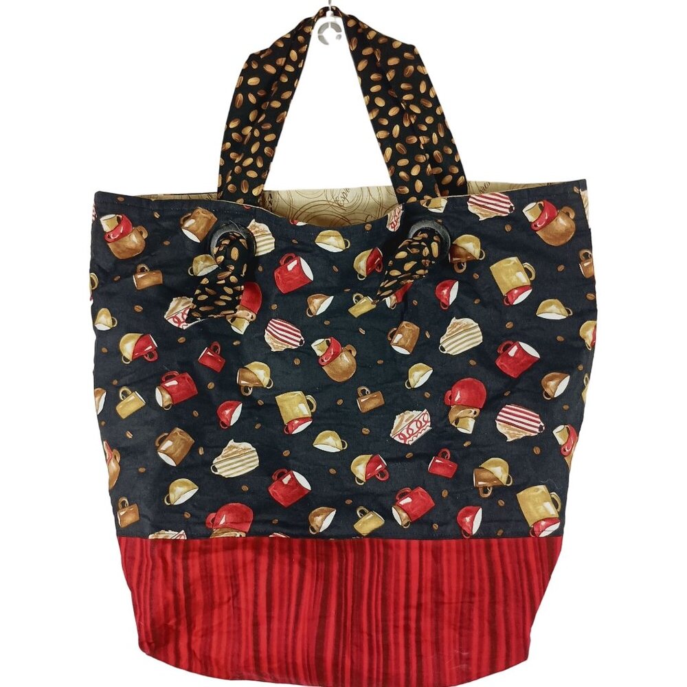Coffee Tote Bag Large Mug Print Quirky Kitschy Reusable Shopper Black Red